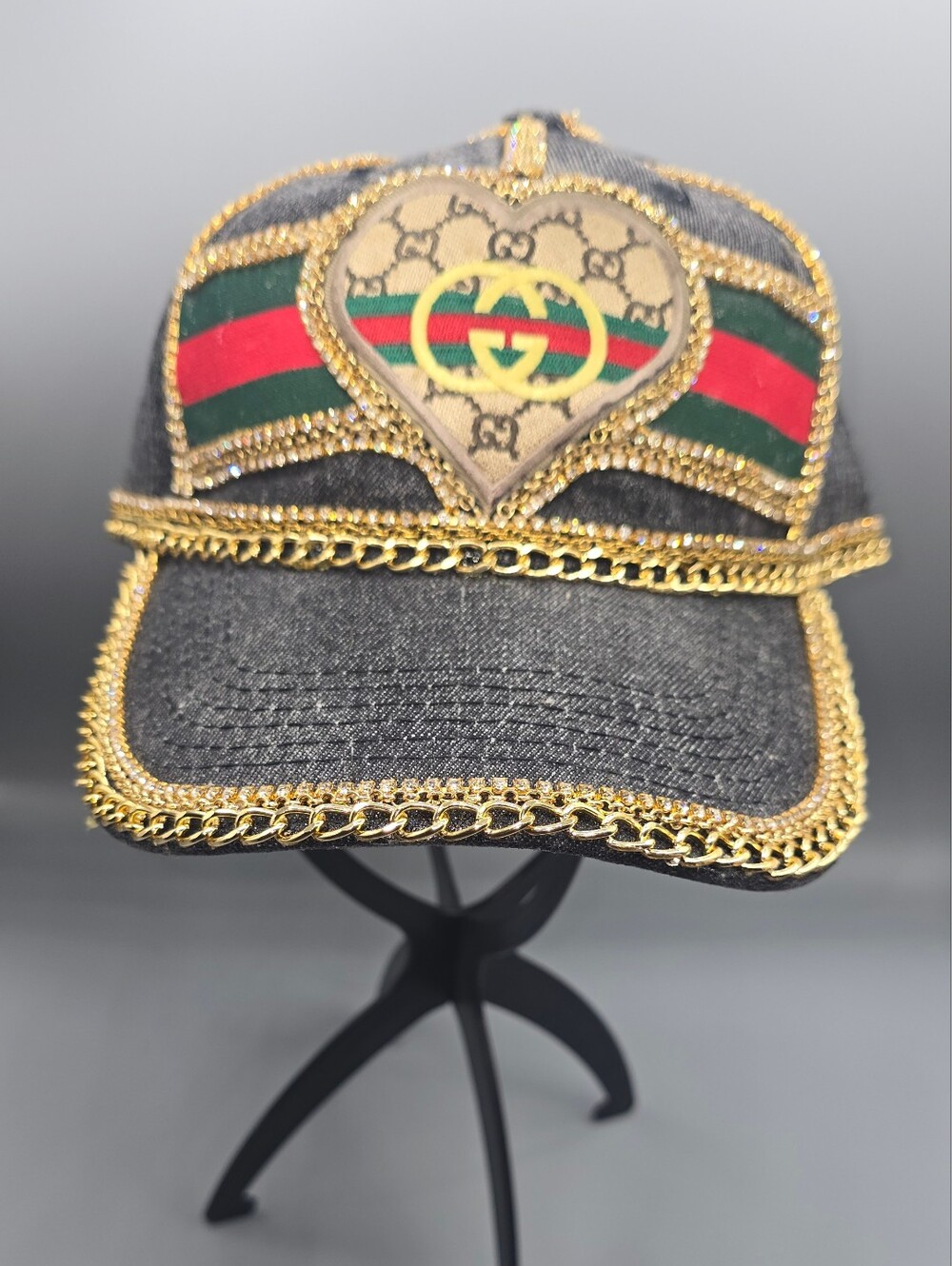 Embellished Gray Baseball Cap with Gold Chain Trim